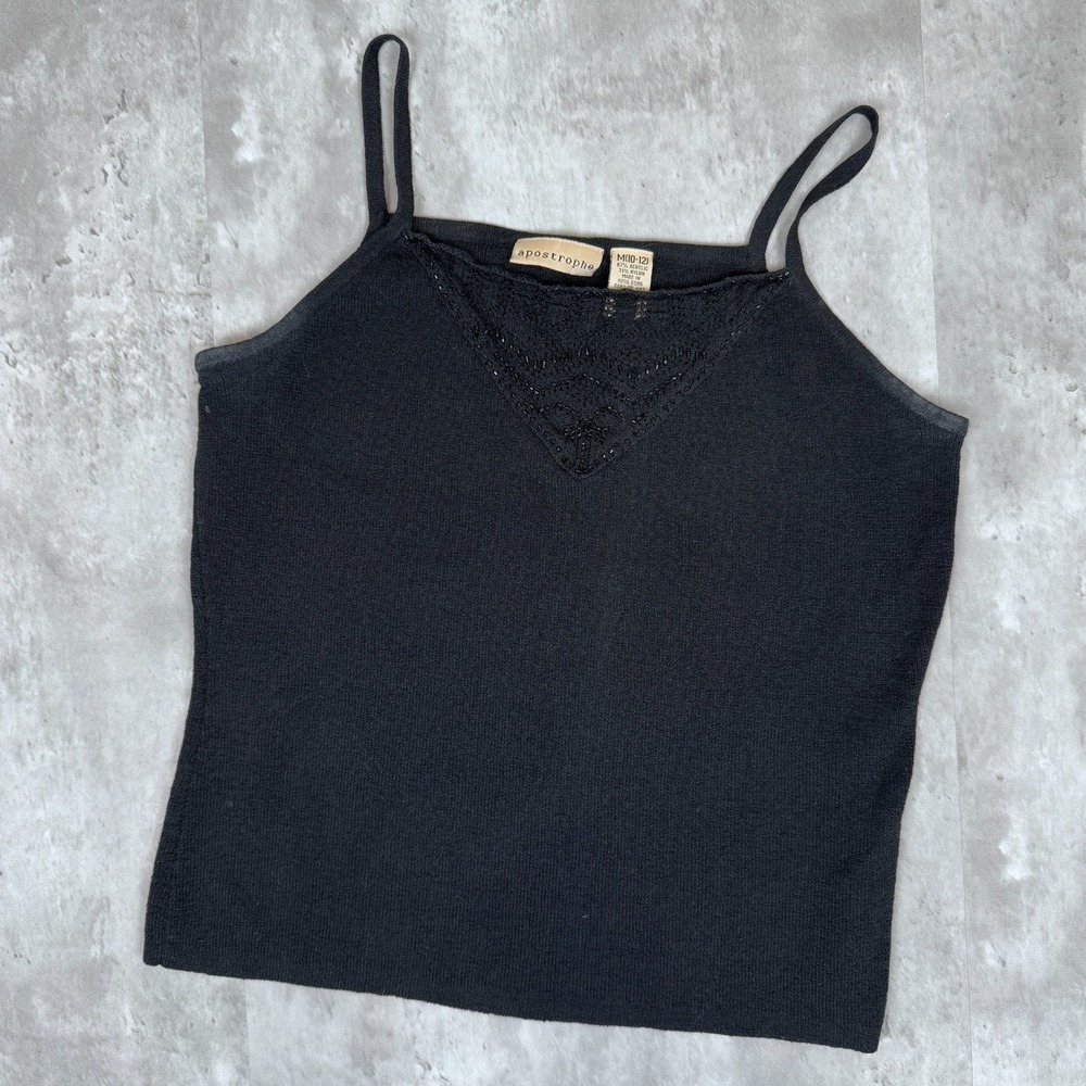 Vintage Apostrophe Tank Top Womens M Black Beaded Embroidered Basic Y2K